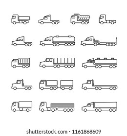 Truck line icons. Delivery trailers, cargo trukcs, dumpers and van. Transportation vector outline isolated symbols. Vehicle van, dumper lorry for cargo freight illustration