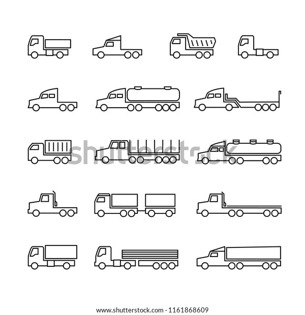 Truck line icons.\
Delivery trailers, cargo trukcs, dumpers and van. Transportation\
vector outline isolated symbols. Vehicle van, dumper lorry for\
cargo freight\
illustration