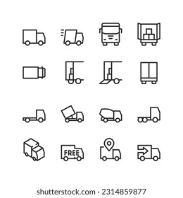 Truck, linear style icons set. Various types of trucks for transporting goods. A truck with a body for transporting materials and goods. Editable stroke width