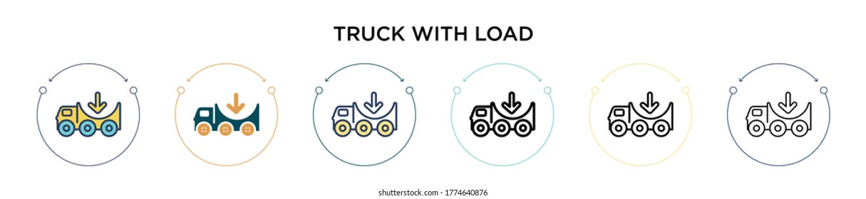 Truck with load icon in filled, thin line, outline and stroke style. Vector illustration of two colored and black truck with load vector icons designs can be used for mobile, ui, web
