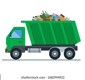 A Truck Loaded With Garbage Goes To A Landfill. Flat Vector Illustration