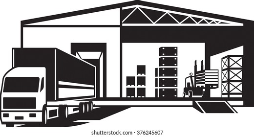 Truck loaded goods in warehouse - vector illustration