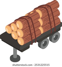 Caminhão Carregado Árvore Logs Visão lateral conceito isométrico, reboque dollied com projeto de ícone de vetor árvore caída, madeira e madeira Símbolo, floresta Deforestation produto Sinal, quintal de moinho e ilustração de floresta