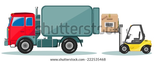 Truck and Loader with Box. Shipment Icons\
Set. Vector illustration