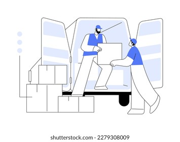 Truck loading abstract concept vector illustration. Full service movers unloading belongings from truck, real estate business, packages transportation, courier services abstract metaphor.