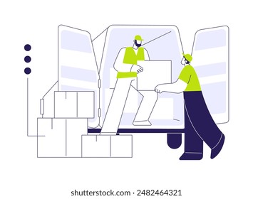 Truck loading abstract concept vector illustration. Full service movers unloading belongings from truck, real estate business, packages transportation, courier services abstract metaphor.