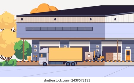 Truck loading on warehouse platform. Logistic business flat vector illustration