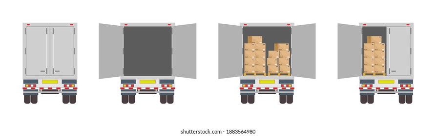 Truck Of Logistic. Back Of Delivery Van. Open And Closed Door Of Container With Boxes. Cargo In Truck For Transportation And Export. Car For Delivery Of Good From Warehouse. Cartoon Lorry Rear. Vector