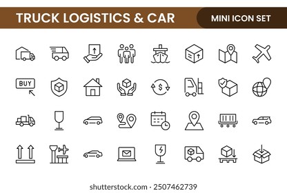 Truck Logistics and Car related modern icon set. Transportation editable line icon illustration collection