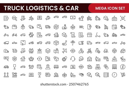 Truck Logistics and Car related modern icon set. Transportation editable line icon illustration collection