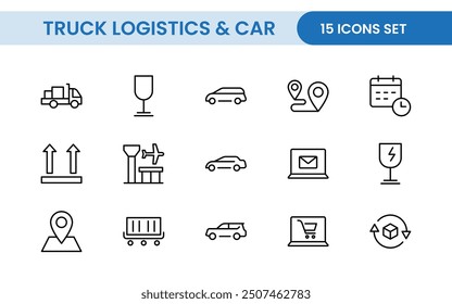 Truck Logistics and Car related modern icon set. Transportation editable line icon illustration collection