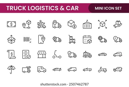 Truck Logistics and Car related modern icon set. Transportation editable line icon illustration collection