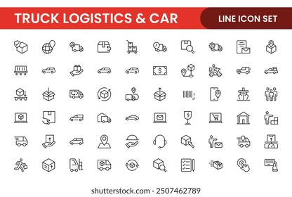 Truck Logistics and Car related modern icon set. Transportation editable line icon illustration collection