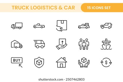 Truck Logistics and Car related modern icon set. Transportation editable line icon illustration collection