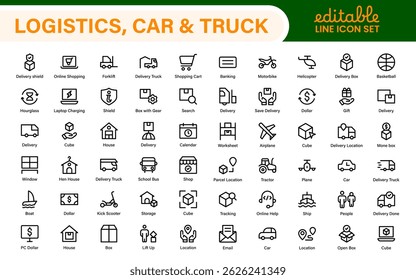 Truck Logistics and Car related modern icon set. editable line icon illustration collection