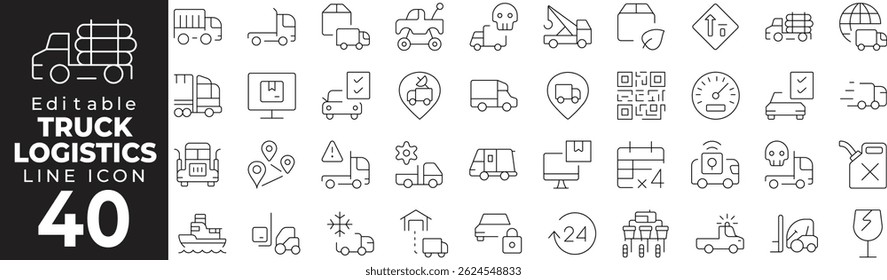 Truck Logistics icon set with editable stroke. Trucking and logistics thin line icon collection. Vector illustration