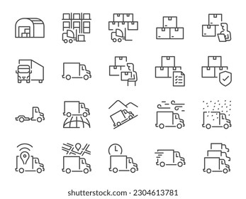 Truck Logistics icon set. It included the cargo, trailer, delivery, container, depot, and more icons.