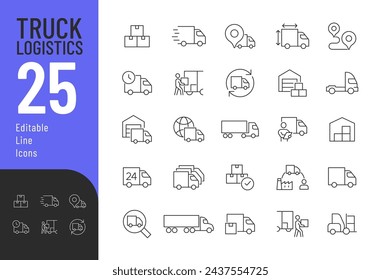 Conjunto de iconos editables de la línea logística del camión. Ilustración vectorial en estilo de línea delgada moderna de transporte de carga iconos relacionados: camiones, carretillas elevadoras, inspección, y más. Pictogramas e infografías.