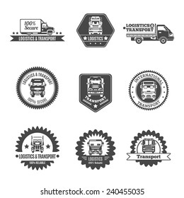 Truck logistics and transport auto transportation label black set isolated vector illustration