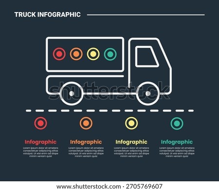 truck logistics transportation infographic process diagram with side view with circle point on truck with description bottom with dark background bright outline style 4 point vector