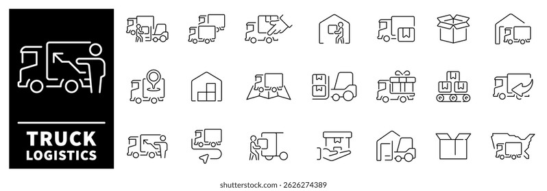 Truck logistics vector icons. Truck logistics icon set in line style. Simple Set of Truck Logistics Related Vector Icons. Delivery and shipping icons