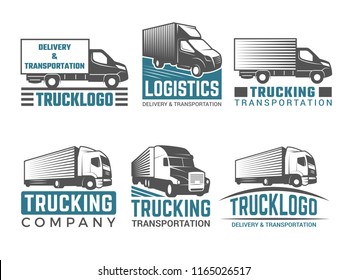 Truck Logo. Business Symbols Emblems Of Transportation Or Logistics Company With Illustrations Of Various Truck. Vector Silhouettes. Truck Transportation, Transport Freight Cargo, Logistic Delivery