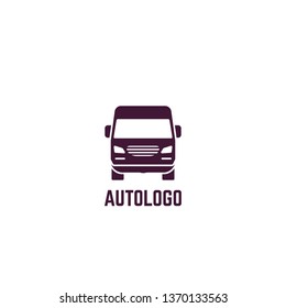 Truck logo. Front view of delivery truck. Silhouette style vector illustration. Vehicle and transport banner. Delivery and shipping service banner. Minivan transportation concept. Freight business.