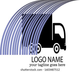 Truck. logo heavy lorry van. Highway road. Isolated on blue. Transportation vehicle, delivery transport, cargo logistic concept. Freight shipping, international delivering industry.