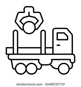 Caminhão com troncos e braço de guindaste ícone de linha fina, conceito da indústria florestal. Gráficos vetoriais. Trunks árvore caminhão veículo, sinal de carregamento no fundo branco, estilo móvel ou design