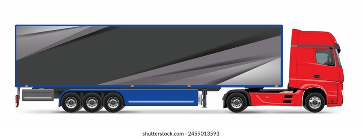 truck long box heavy big auto motor power lorry carry semi icon logo sign art side view flat 3d road cargo work drive vector red blue colors