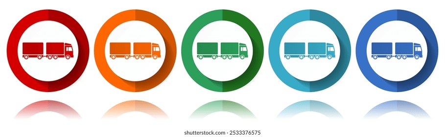 Truck with long semi trailer, transport vector icons, flat icon set for logo design, webdesign and mobile applications, colorful web button collection in eps 10