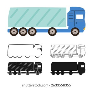 Caminhão ou caminhão ícone do carro ícone conjunto de desenho animado. Caminhão desenhado à mão automóvel em diferentes estilos silhueta colorida, esboço coleção estilizada. Simples grande transporte automático moderno ícone vetor ilustração