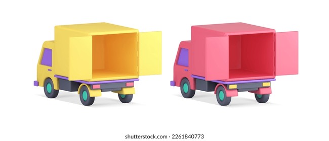 Truck lorry empty open container for cargo goods order delivery back view 3d icon set realistic vector illustration. Van freight transportation moving personal things import export distribution