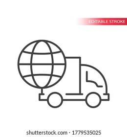 Truck or lorry with globe thin line vector icon. International shipping, delivery service symbol. Outline, editable stroke.