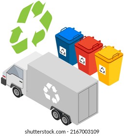 Truck Lorry Icon With Recycle Sign. Car For Garbage Removal. Wagon With Trailer For Transporting And Garbage Bins. Vehicle For Transpportation And Shipping. Delivery Of Sweepings By Transport