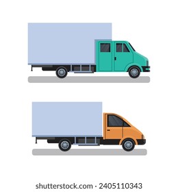 Camión, Camión para el transporte de mercancías y materiales de construcción, volumen y peso pesados, entrega al pedido de mercancías. Ilustración vectorial aislada en fondo blanco.