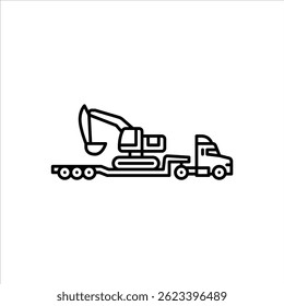 caminhão com ícone de contorno de reboque lowboy. ilustração da linha preta da escavadora de carga do reboque lowboy.
