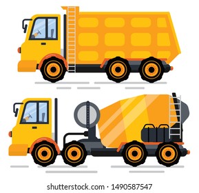 Truck machinery for building and construction vector, isolated machines. Van with container and cement mixer, assistance in working process flat style