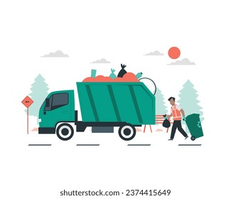 Truck and man with bag full of garbage and a man picking up the garbage. Flat style design vector illustration for sustainability practices conceptual.