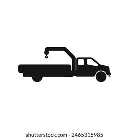 Truck manipulator vector icon. Black car with crane vector. Tow truck icon. Wheel loader logo. Truck silhouette vector. Vector illustration.