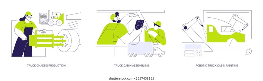 Truck manufacturing abstract concept vector illustration set. Truck chassis production, cabin assembling and robotic painting, vehicle production line, automotive industry abstract metaphor.