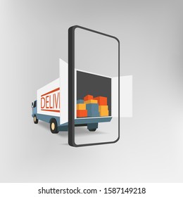 A truck with many boxes of goods inside the truck while open the back through modern smartphone./Delivery service truck