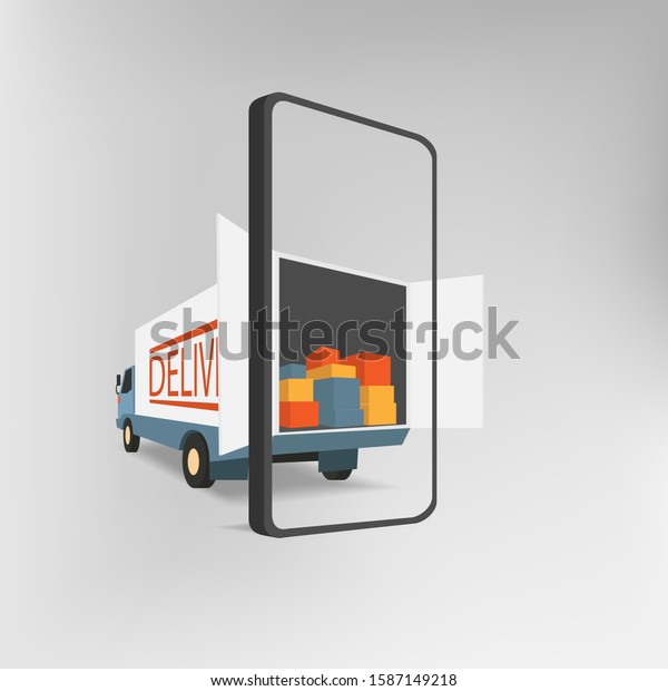 A truck\
with many boxes of goods inside the truck while open the back\
through modern smartphone./Delivery service\
truck