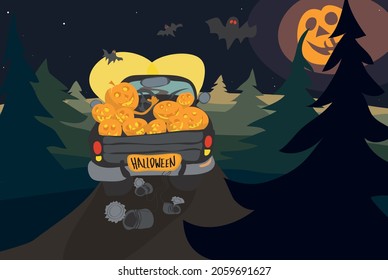 Truck With Many Smiling Pumpkins In The Trunk Is Driving Along A Night Forest Road Under The Sinister Moonlight. Halloween Festival Delivery