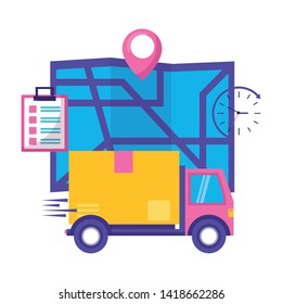truck map clipboard and clock fast delivery logistic vector illustration