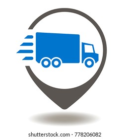 Truck Map Pointer Icon Vector. Supply Chain Management And Distribution Illustration. Fast Global Shipping Delivery Service Logo. Move Vehicle Place Button Symbol.