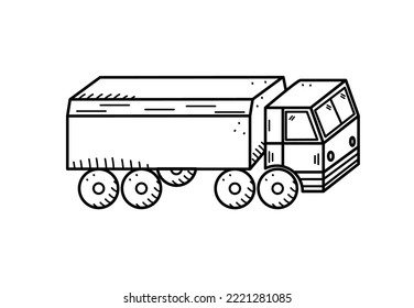 Truck or military vehicle, vector doodle icon. War transportation. Isolate on white.