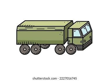 Truck or military vehicle, vector doodle icon. War transportation. Isolate on white.