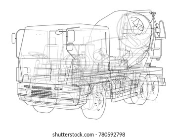 Truck mixer sketch. Vector rendering of 3d. The layers of visible and invisible lines are separated