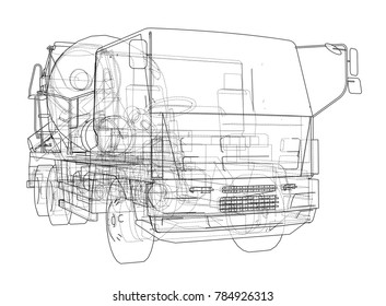 Truck mixer sketch. Vector rendering. The layers of visible and invisible lines are separated